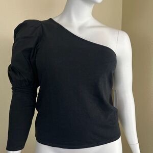 Nation LTD  Women Size XL Black Sabrina One Shoulder NEW Cotton Top Puff Sleeves